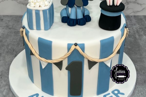Blue lion popcorn 1st birthday cake
